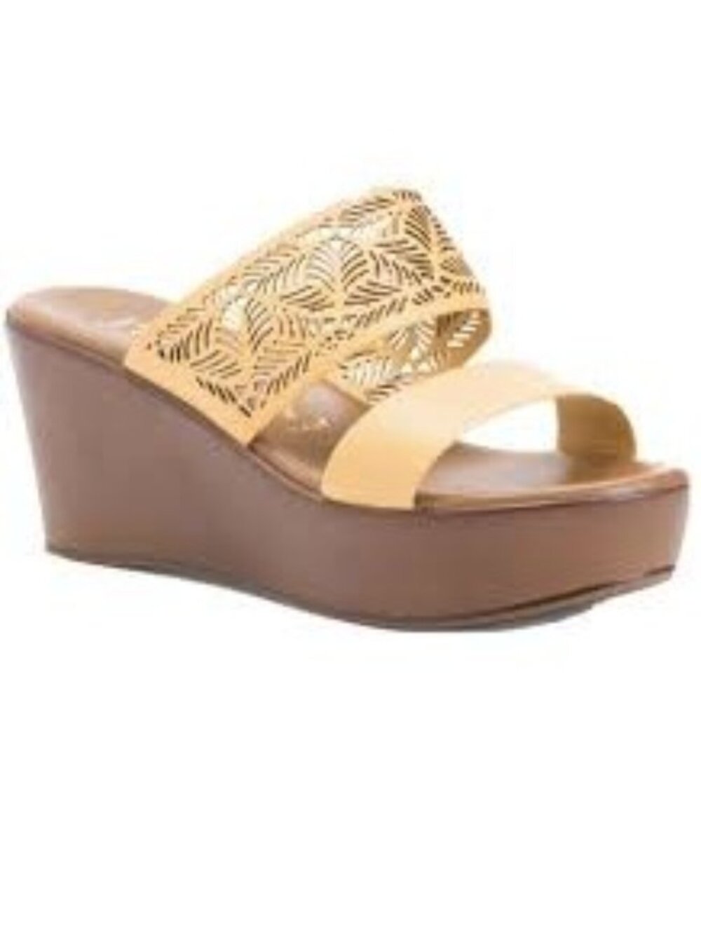 New Italian Shoe Makers Lazer Cut Yellow Wedge Sandals Women's Size 8.5 Boho